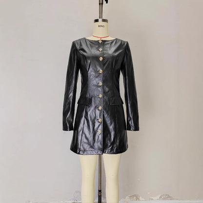 Elegant Fashionable Round Neck Long Sleeve Metal Button Waist Leather Coat