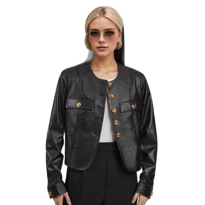 Round Neck Metal Buckle Embellished Short PU Leather Jacket