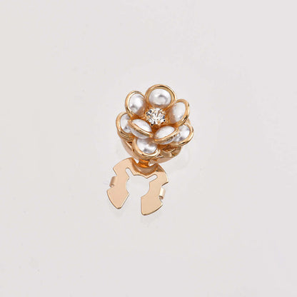 Creative Pearl Camellia Alloy Scarf Buckle set featuring elegant flower designs with faux pearls and rhinestones.