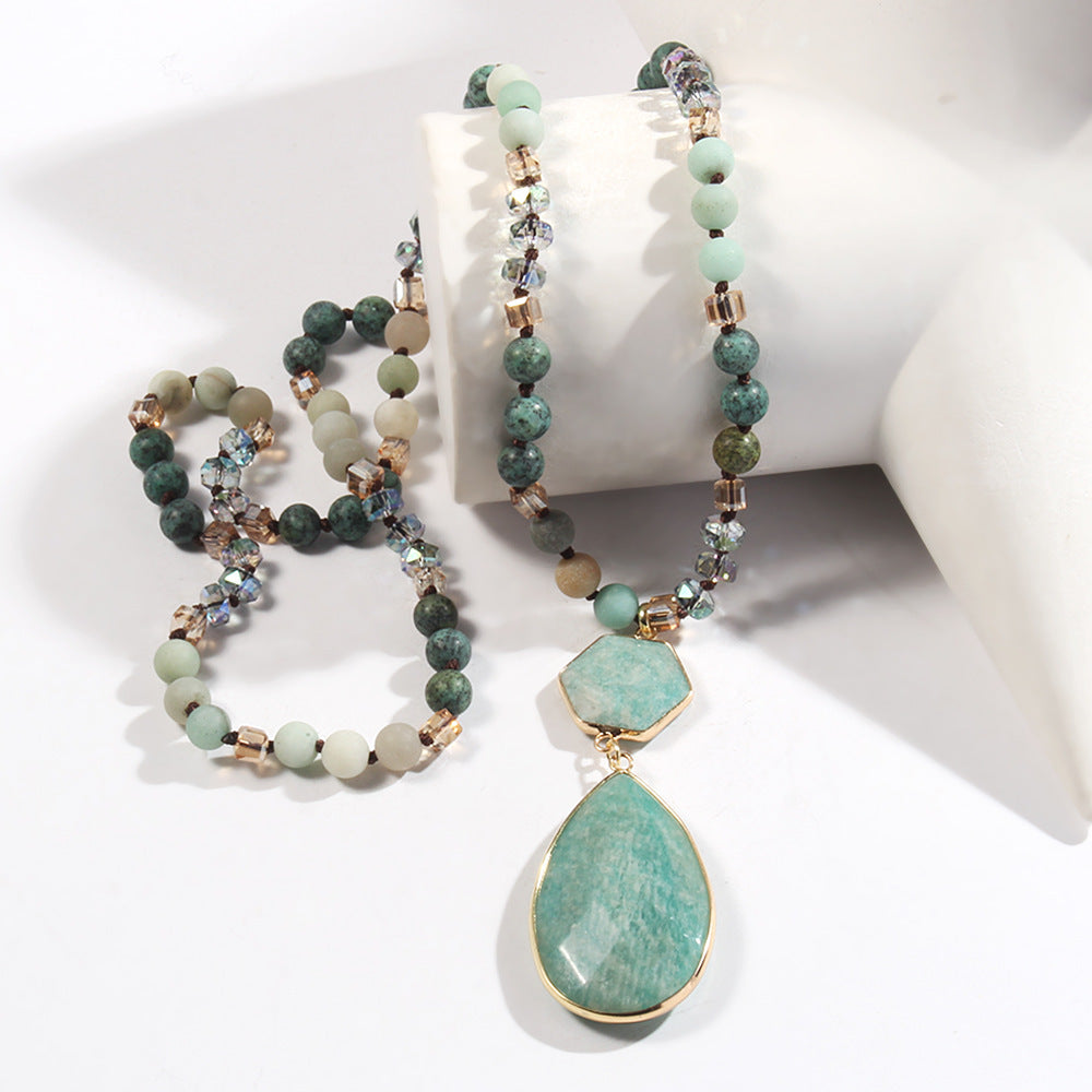 Natural Stone Glass Knotted Necklace Hexagonal Water Drop Stone Pendant Necklace