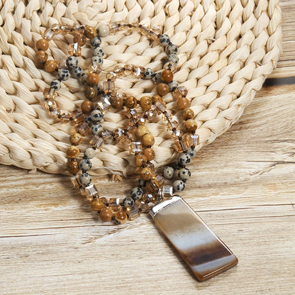 Bohemian Style Natural Semi-precious Stone Mixed Glass Square Agate Pendant Women's Sweater Chain