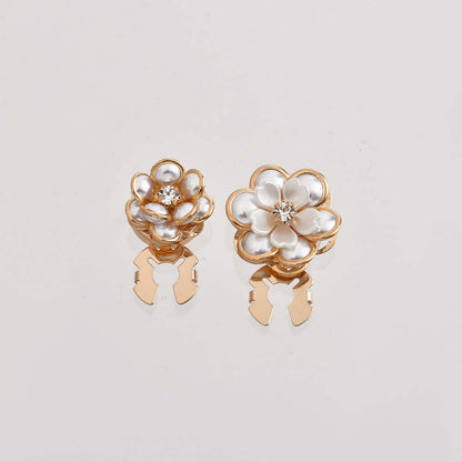 Creative Pearl Camellia Alloy Scarf Buckle set featuring elegant flower designs with faux pearls and rhinestones.
