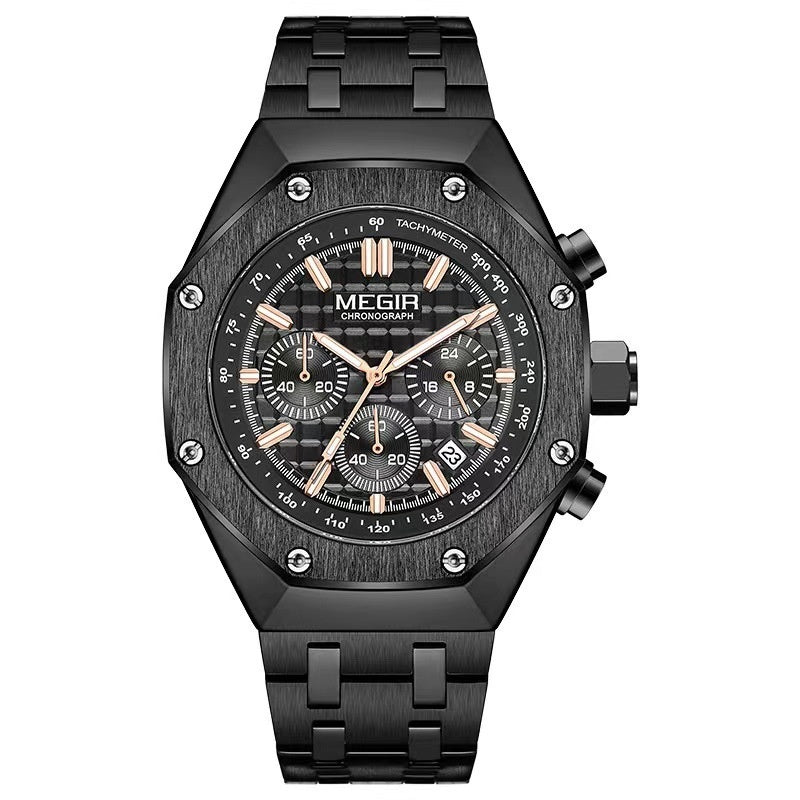 Multifunctional Waterproof Quartz Watch Men's Watch featuring a sleek black design with a chronograph and tachymeter.