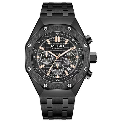 Multifunctional Waterproof Quartz Watch Men's Watch featuring a sleek black design with a chronograph and tachymeter.