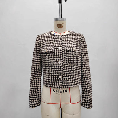 Round Neck Metal Buckle Double Pocket Embellished Coat