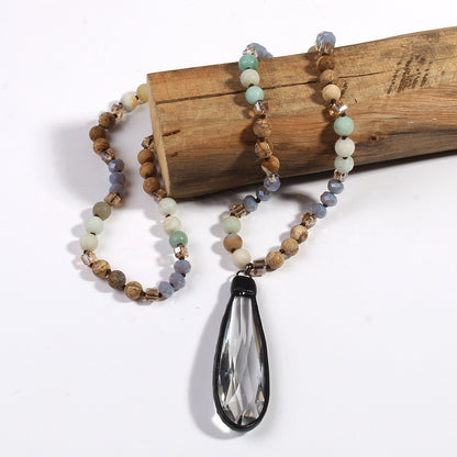 Glass Knotted Necklace Glass Water Drop Pendant Sweater Chain