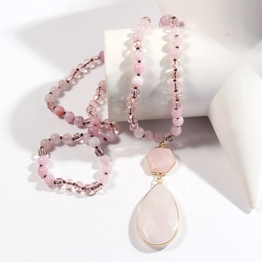 Natural Stone Glass Knotted Necklace Hexagonal Water Drop Stone Pendant Necklace
