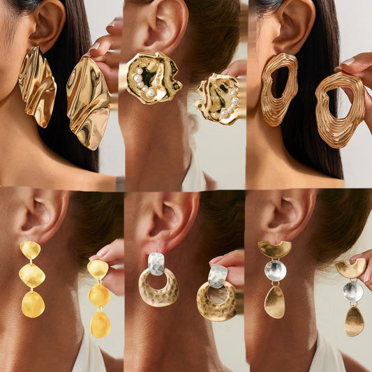 Fashion Metal Texture Glossy Earrings Pleated Geometry