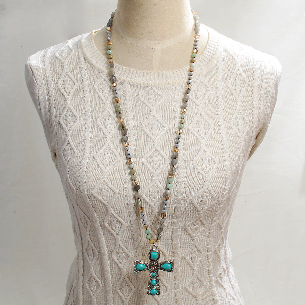 Cross Natural Stone Glass Knotted Necklace Personalized Trendy Sweater Chain