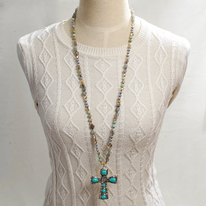 Cross Natural Stone Glass Knotted Necklace Personalized Trendy Sweater Chain